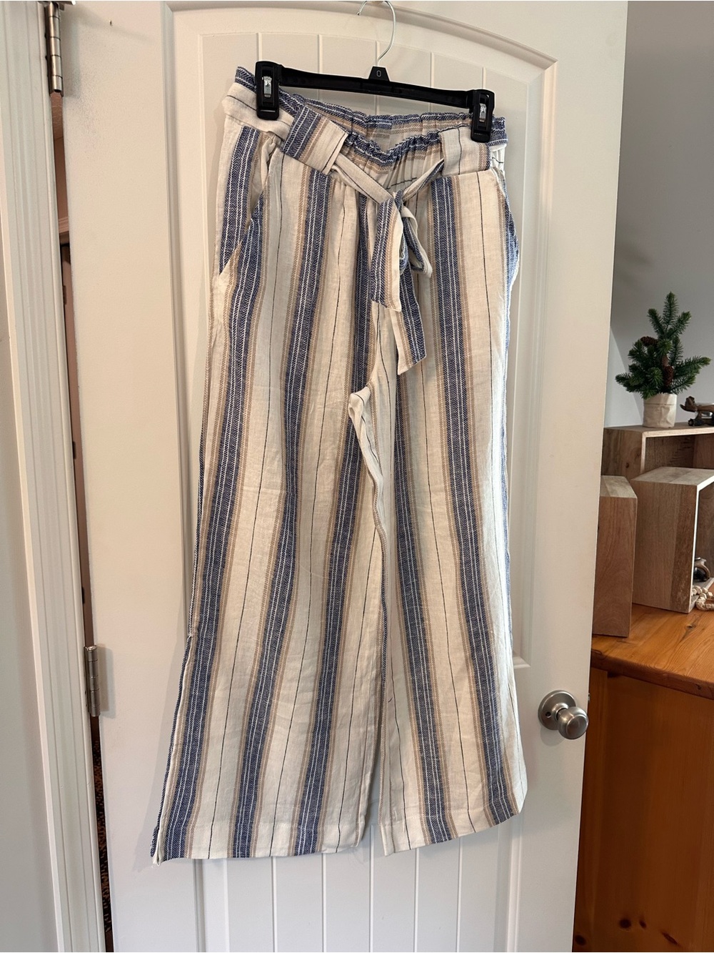 Indigo Rein Blue and Cream Striped Wide-Leg Tie-Waist Pants